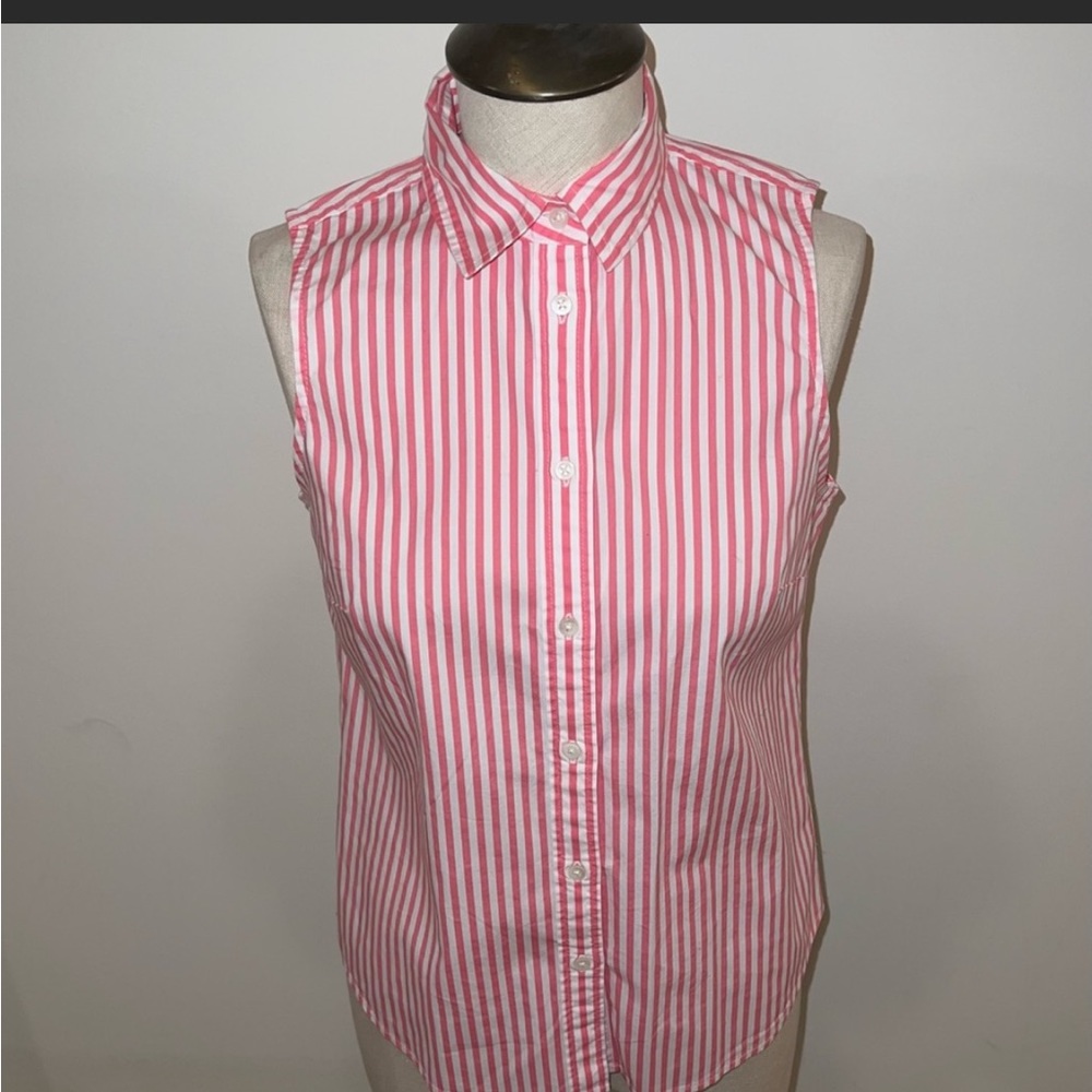 J Crew pink & white striped sleeveless blouse! Preppy, cute and fun! Size XS